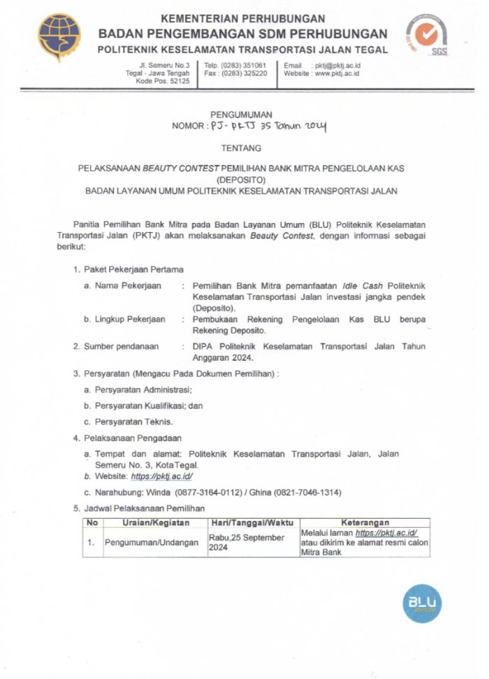 Pengumuman Pemilihan Bank Mitra Kerjasama Pengelolaan Kas BLU PKTJ