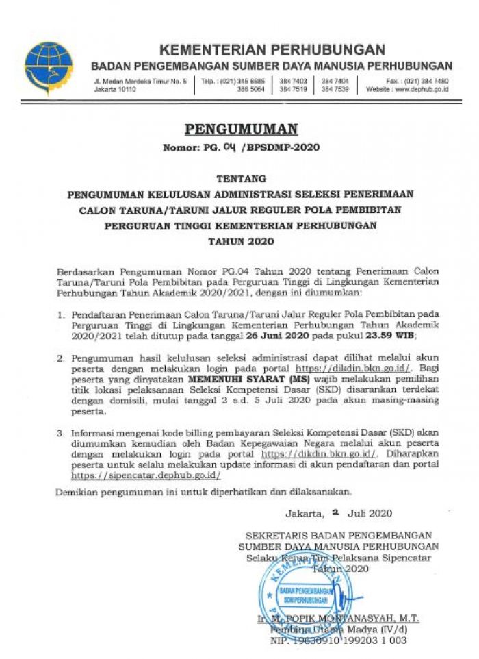 PENGUMUMAN KELULUSAN ADMINISTRASI SELEKSI PENERIMAAN CALON TARUNA/TARUNI JALUR REGULER POLA PEMBIBITAN PERGURUAN TINGGI KEMENTERIAN PERHUBUNGAN TAHUN 2020